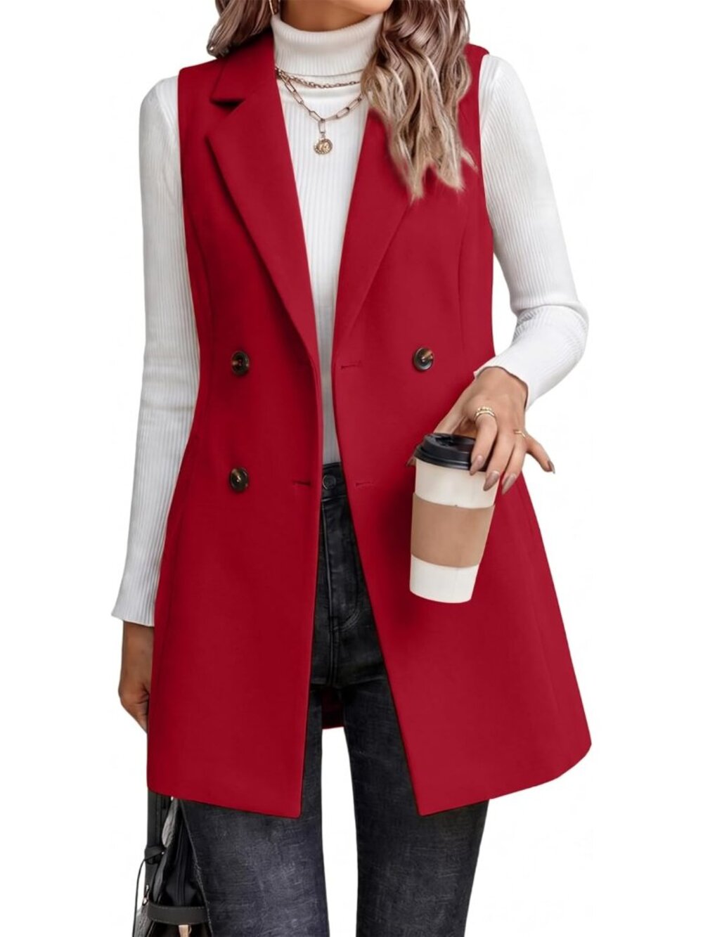 Women Red Notch Collar Sleeveless Cardigan Outerwear Tweed Blazer Fall Jackets